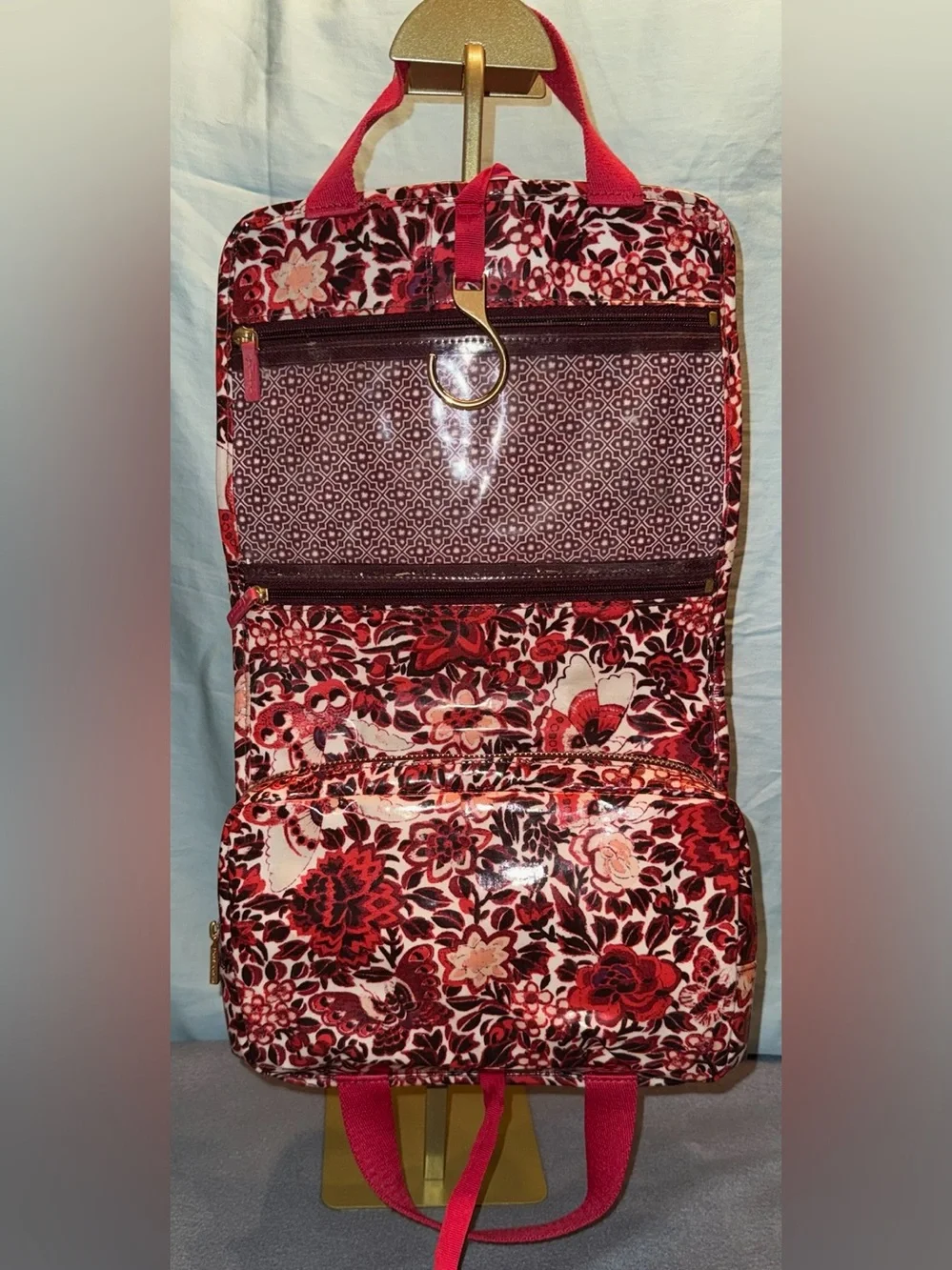 Tory Burch Red Floral Cosmetic Travel Organizer with Red Pink Black Accents